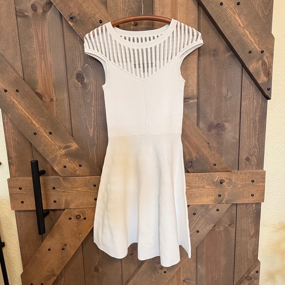 French Connection Fit and Flare Dress Womens 0 White Good Mesh Yoke Cap Sleeve